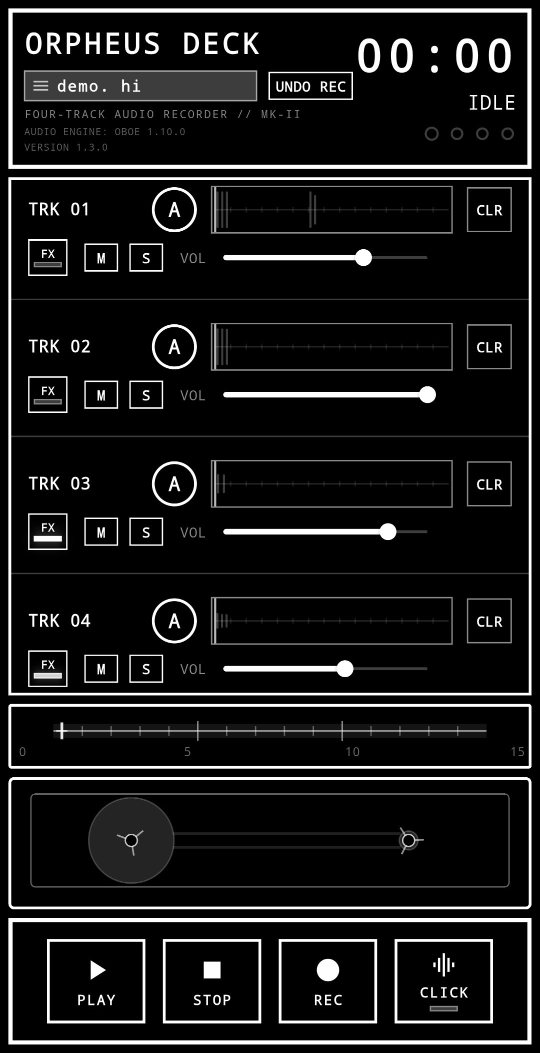 Orpheus Deck 1.3 main four-track deck with recorded waveforms